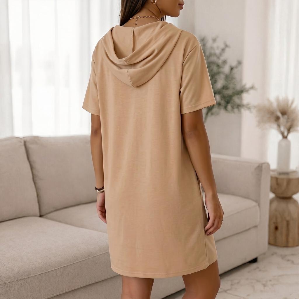 Women Hooded Short Sleeve Dress with Zipper Front Pockets Casual Straight Fit Knee Length Pullover