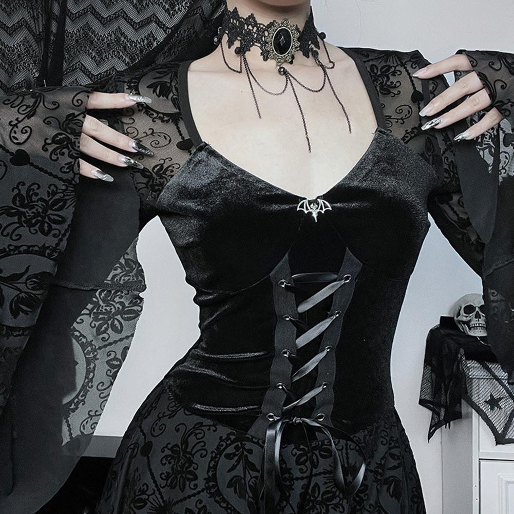 Women Halloween Cosplay Dress V-Neck Lace Tie-up Strap Dark Style Gothic Medieval Vintage Bell Sleeves Performance Stage Show Dr