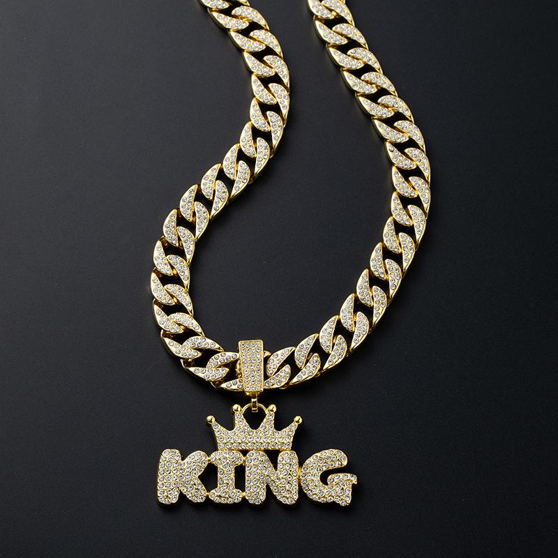 European-American Style Crown 'KING' Full Diamond Pendant on Thick Cuban Chain - Trendy Men's Hip Hop Jewelry