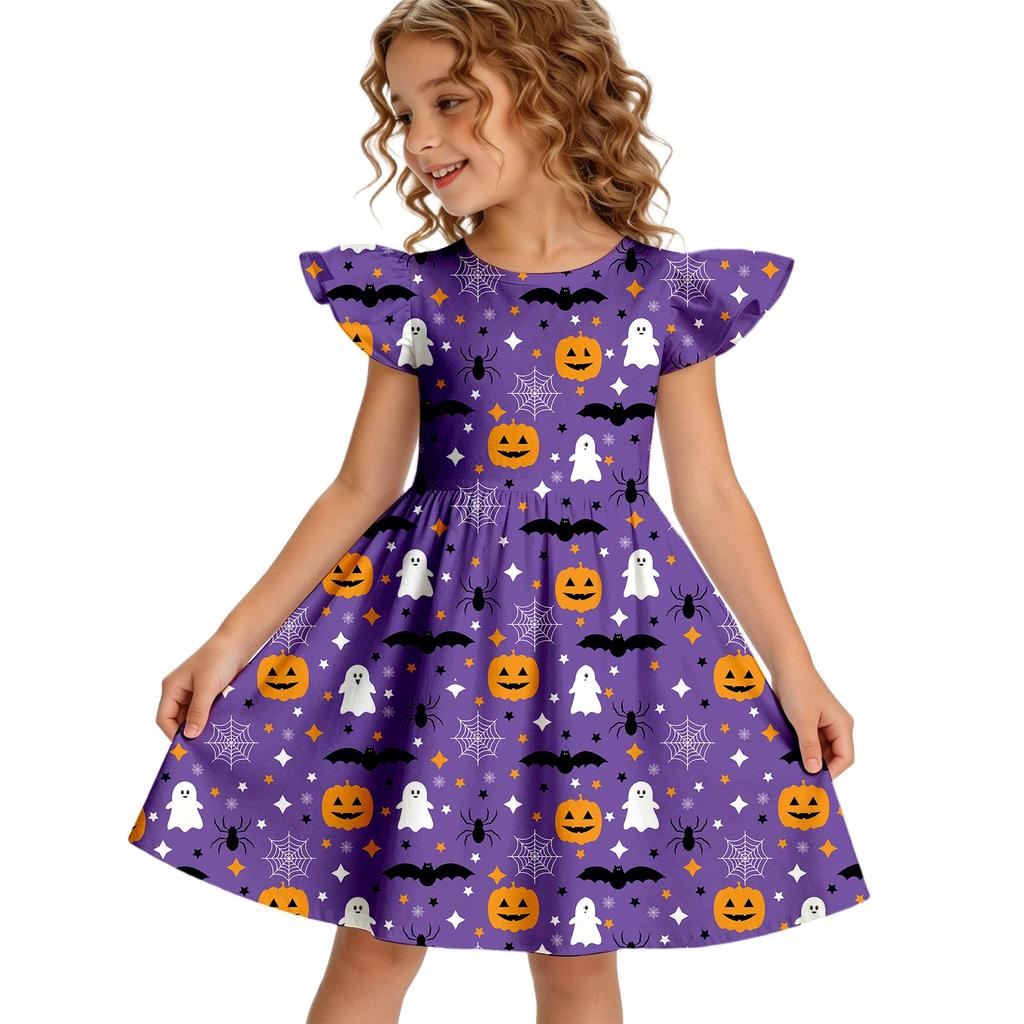 Girls Halloween Casual Dress Ruffle Sleeve Round Neck Dress Lightweight Comfortable Fit for Everyday Wear and Party