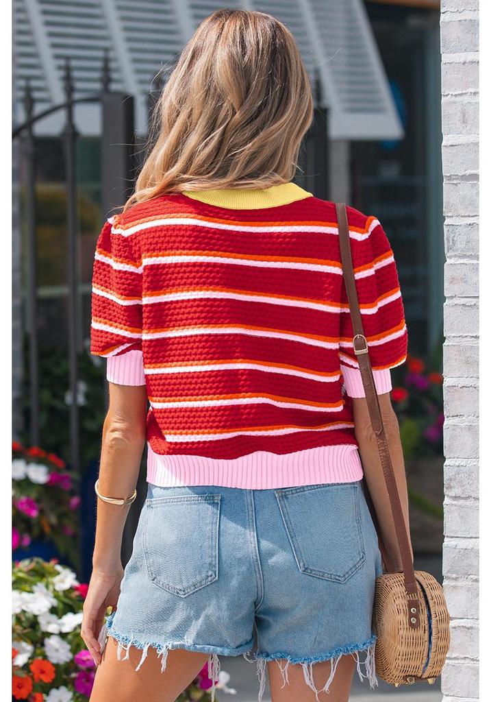 Women's Casual Striped Patchwork Short Sleeve Round Neck Sweater