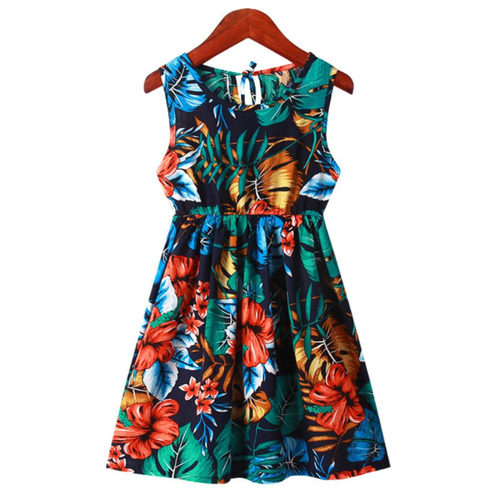 Girls Sleeveless Crew Neck Floral Print Short Dress Kids Casual Baggy Knee Length Dresses Summer