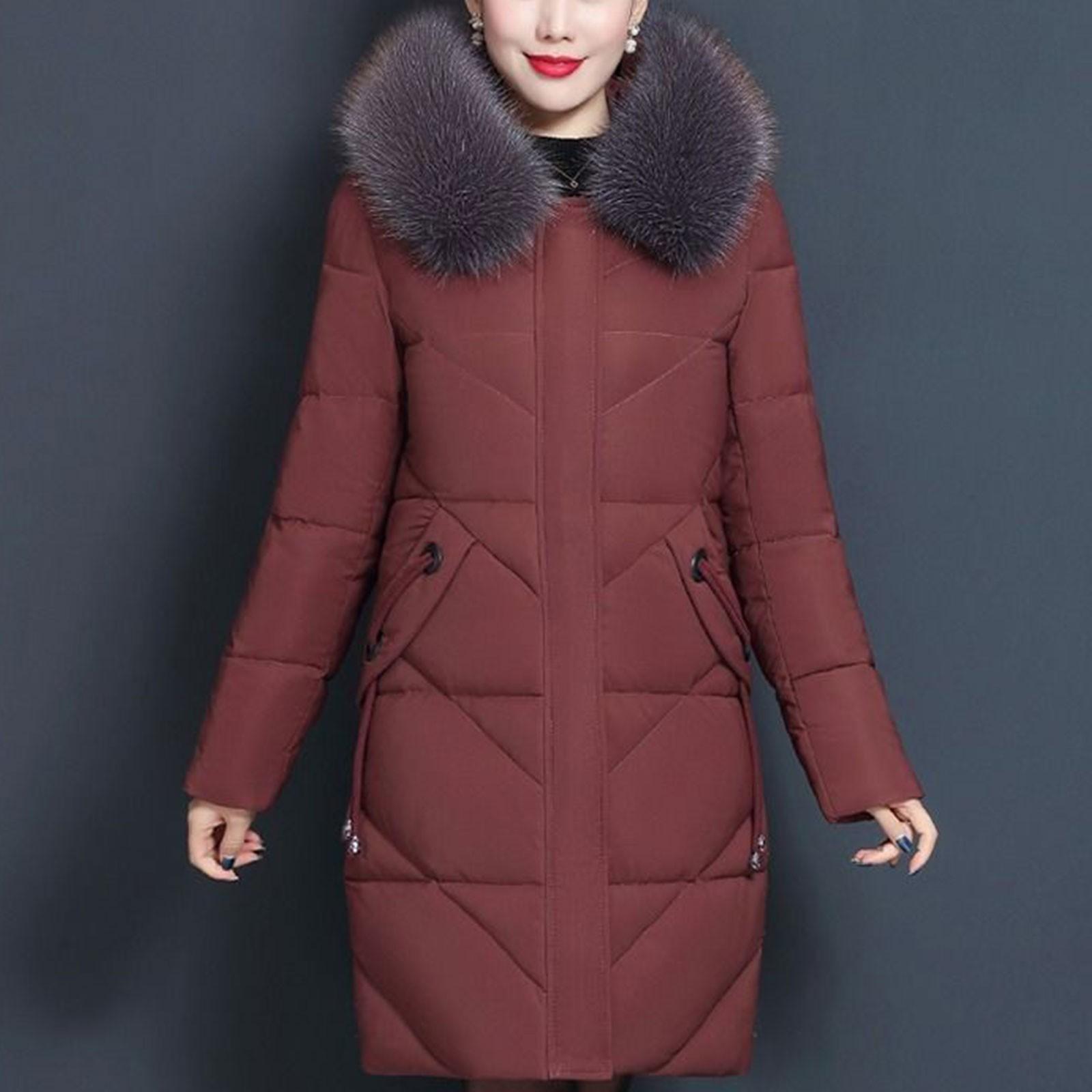 

Женская пуховая хлопковая куртка средней длины с большим шерстяным воротником XL винный