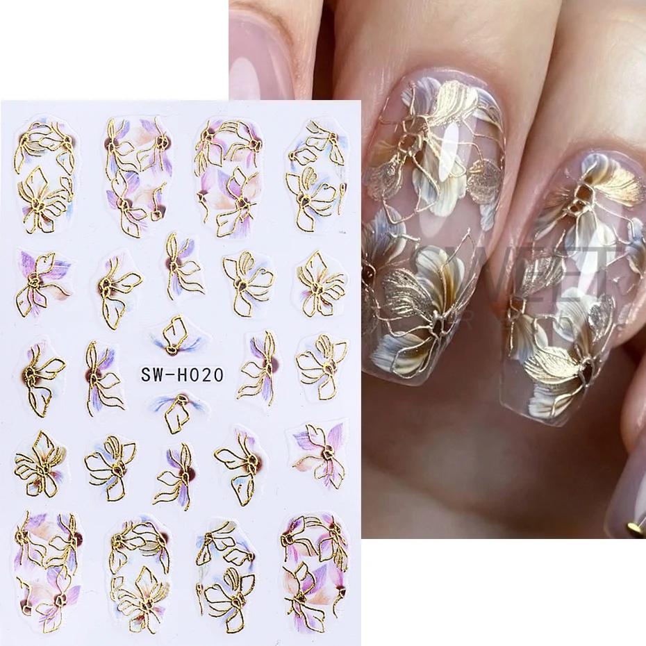 5pcs Metallic Gold Line Flower Nail Stickers 3D Bronzing Border Petals Sakura Leaf Nail Decals Slider DIY Elegant Manicure Decor
