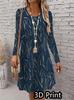 Women's Long Sleeved Round Neck Mini Dress, 3D Retro Geometric Pattern Printed Casual Vacation Style Dress Vestidos De Mujer