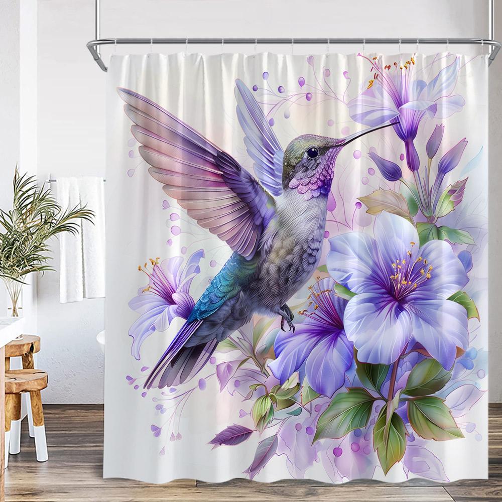 Bird Animal Shower Curtain Huumingbird Flower Floral Plant Classical Bathroom Decor Spring Autumn Polyester Bath Curtain with Ho