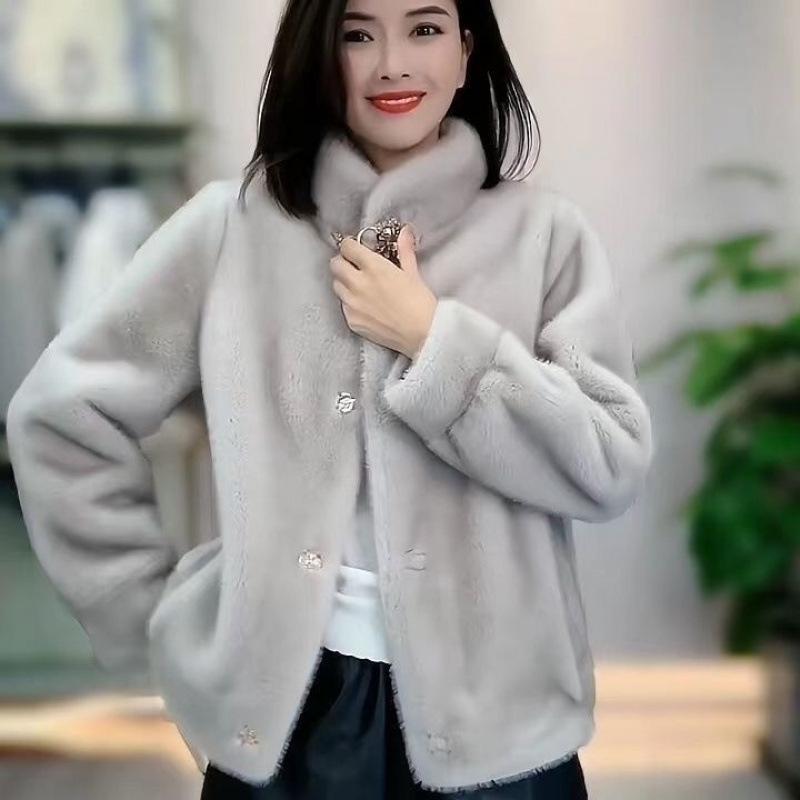 Autumn and winter new short stand-up collar imitation mink leather imitation fur jacket for women's middle-aged and old mothers
