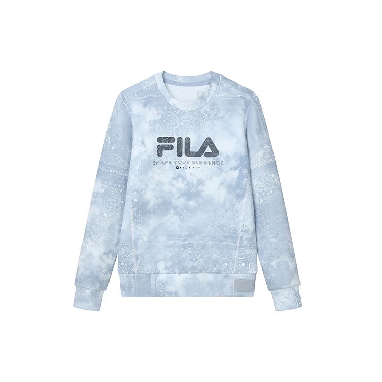 FILA Athletics Tie-Dye All-Over Print Cashew Flower Knit Sports Crewneck Sweatshirt Women sweatshirt Mist-Blue A11W211202FBU