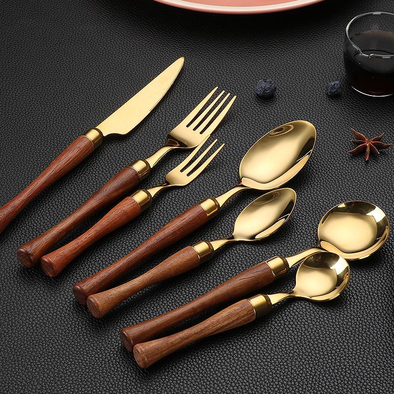 

9pcs Beech Wood Handle Tableware Stainless Steel Steak Knives Fruit Forks Meat forks Dessert Spoons Kitchen Dinnerware коричневий