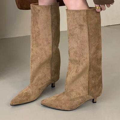 Mode Lange Laarzen Dames Puntige Neus Mode Hakken Schoenen Suède Designer Dames Winterlaarzen 2025 Nieuw Knielange Chelsea Botas Voor Dames