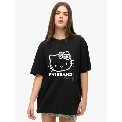Nadrozmerné tričko čierne Hello Kitty leopardia potlač mašľa a grafika loga Fnibrand na bežné nosenie