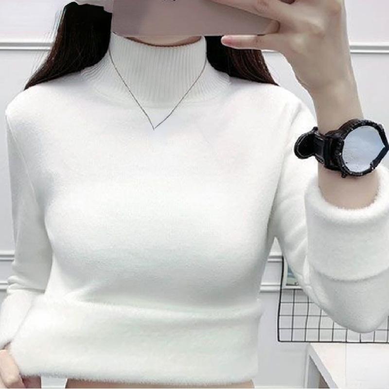 Pulover cald coreean Pulover Femei Iarna Subțire Îngroșare Pluș Căptușit din catifea Tricoturi Jumper Jumătate Gât țesut Poleras Topuri din tricot moale