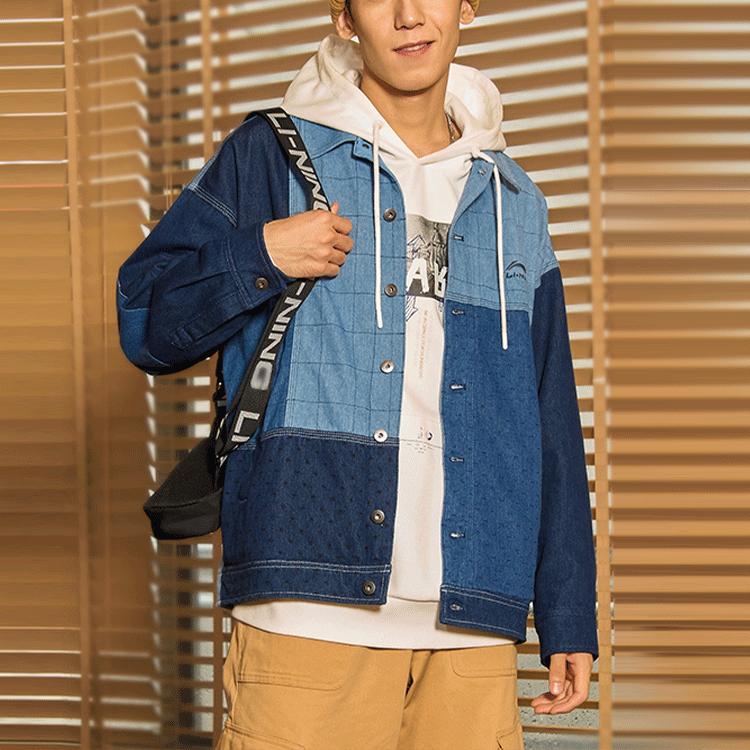 Li Ning Wade Series Spliced Single-Breasted Denim Long Sleeve Jacket Men jackets Blue AJDR445-1