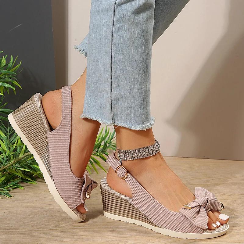 Fashion Fashion Women's Shoes Women Bow Knot Thick Bottom Sandals Back Strap Wedge Open Toe Sandal Female New Office Anti-Slip Sandalias
