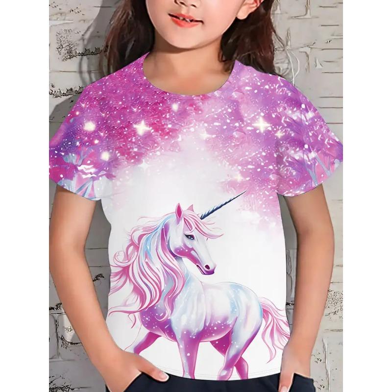 Nowy kreskówkowy T-shirt dziecięcy T-shirt z krótkim rękawem luźny casualowy wzór z koniem topy dla dziewczynek