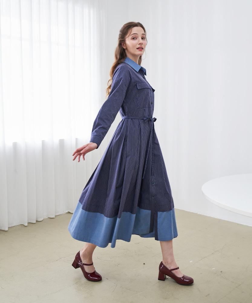 L By L Navy Striped Denim Color Block Dress