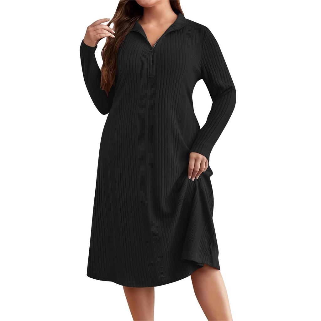 Ladies' Solid Color Elegant Zipper Round Neck Women's Stripe Dress