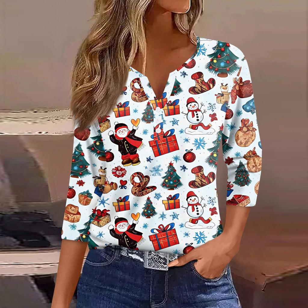 Women's T Shirt Tee Christmas Printed Button 3/4 Sleeve Tunic Daily Weekend Fashion Basic V- Neck Regular Top