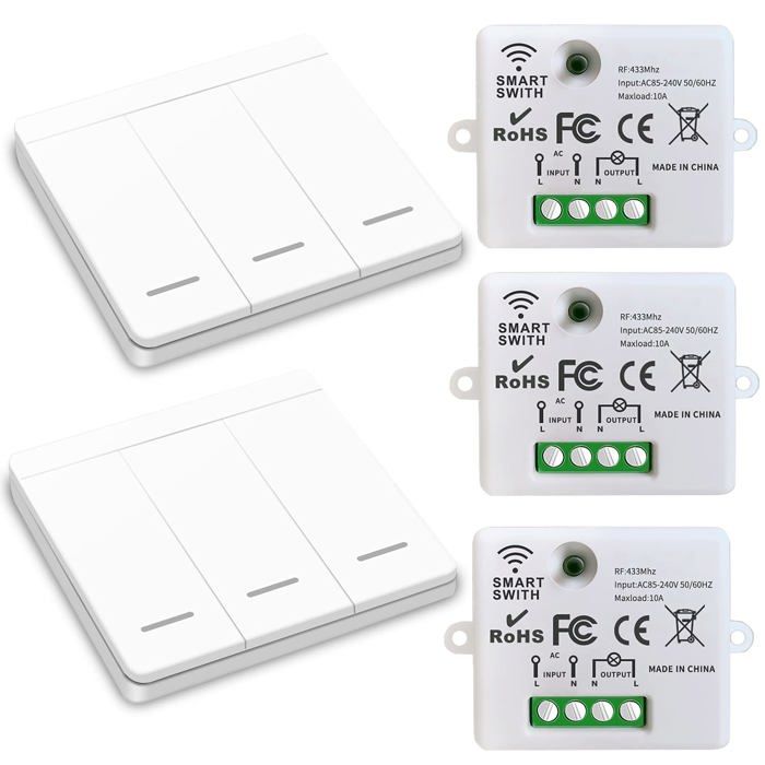 RF 433MHz Wireless Lighting Switch — Pack 3 Receivers + 2 Switches, 10A/1500W