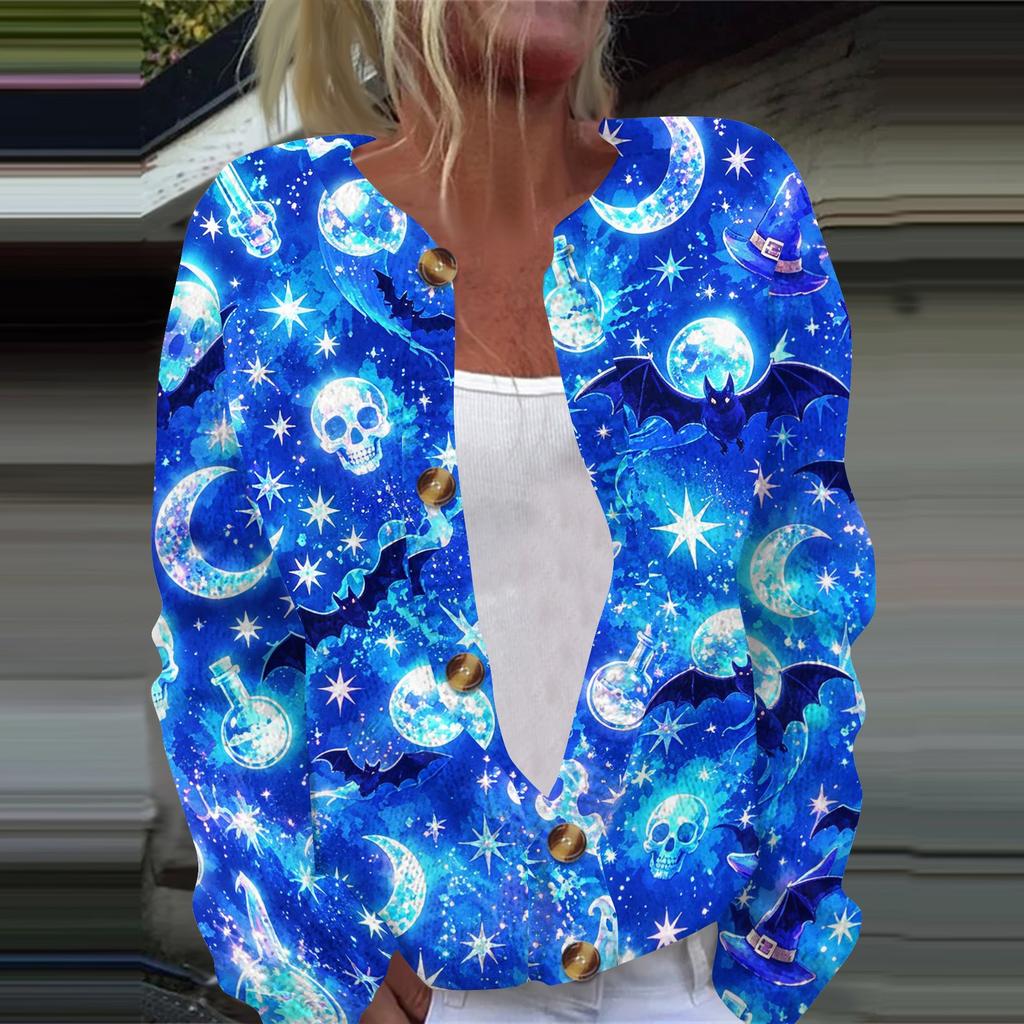 Women's Halloween Print Long Sleeve Knit Cardigan Button Up Sweater Lightweight Casual Outerwear for Fall and Winter Seasonal Wear