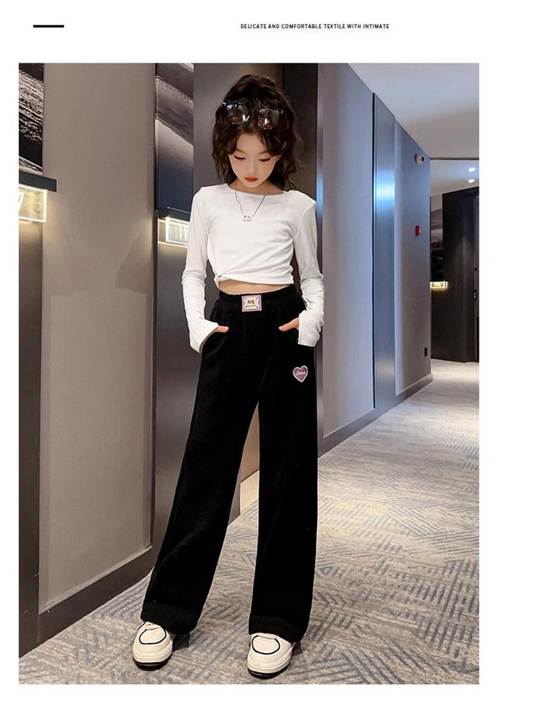 Girls' 2025 Autumn/Winter Fashionable Fleece-Lined Wide-Leg Pants