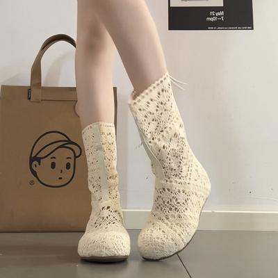 Fashion Versatile Style Hollow Lace Medium Boots Women's Summer Breathable Inner Height Increase Solid Color Fashion Boots