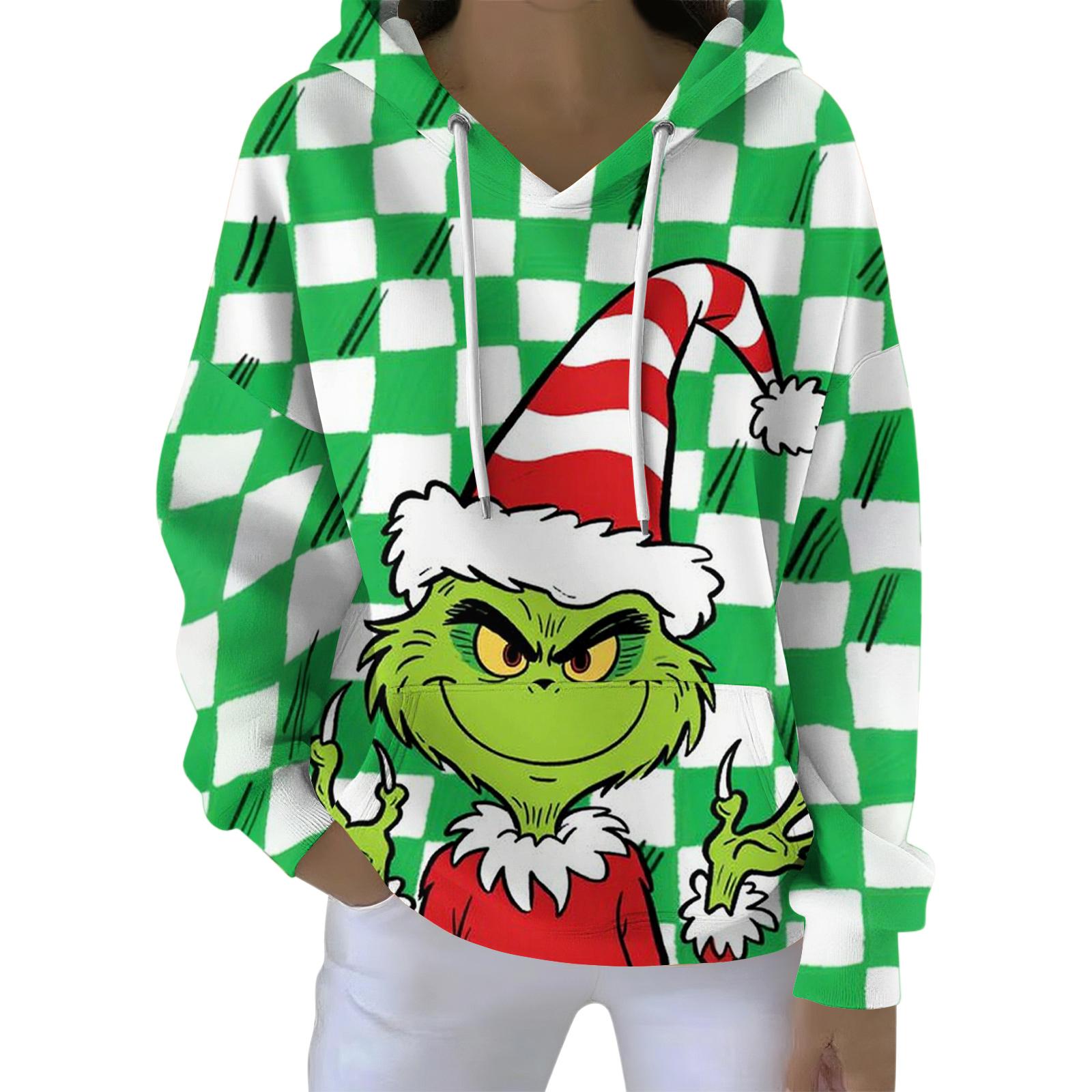 

Женский свободный и удобный свитшот с V-образным вырезом на кулиске, с длинными рукавами и рождественским принтом S зелёный