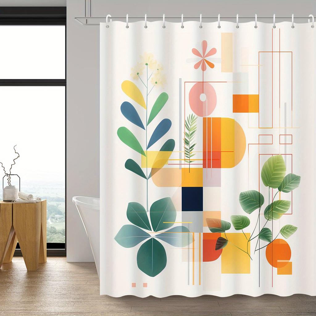 Abstract Geometric Floral Leaf Shower Curtain with Hooks - Vibrant Color Blocks, Machine Washable Bathroom Decor