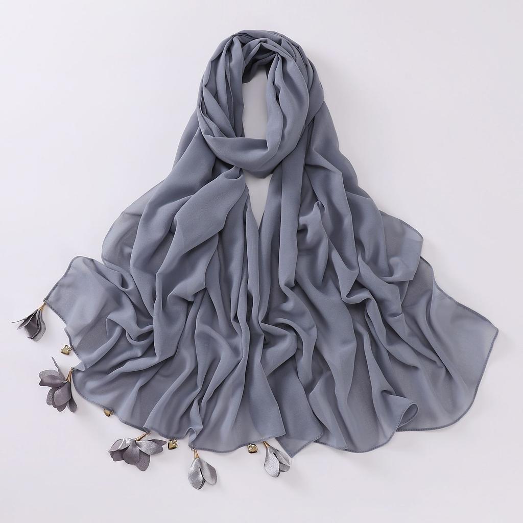 Handmade Alloy Love Flower Chiffon Hijab Beads Scarves Plain Shawls Women Sunscreen Headscarf Head Wrap Hijabs Ramadan Turban