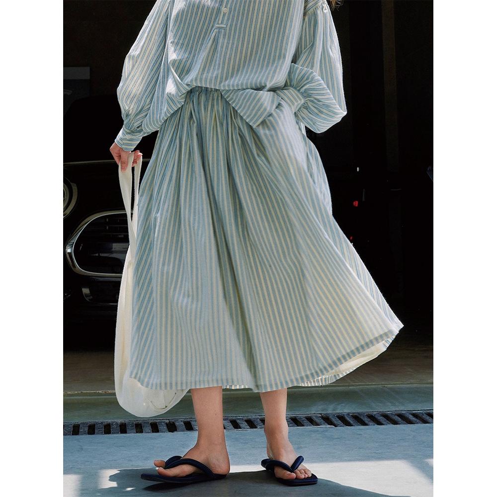 

Johnature летние японские ленивые полосатые юбки эластичные свободные повседневные простые свободные юбки женские S синий