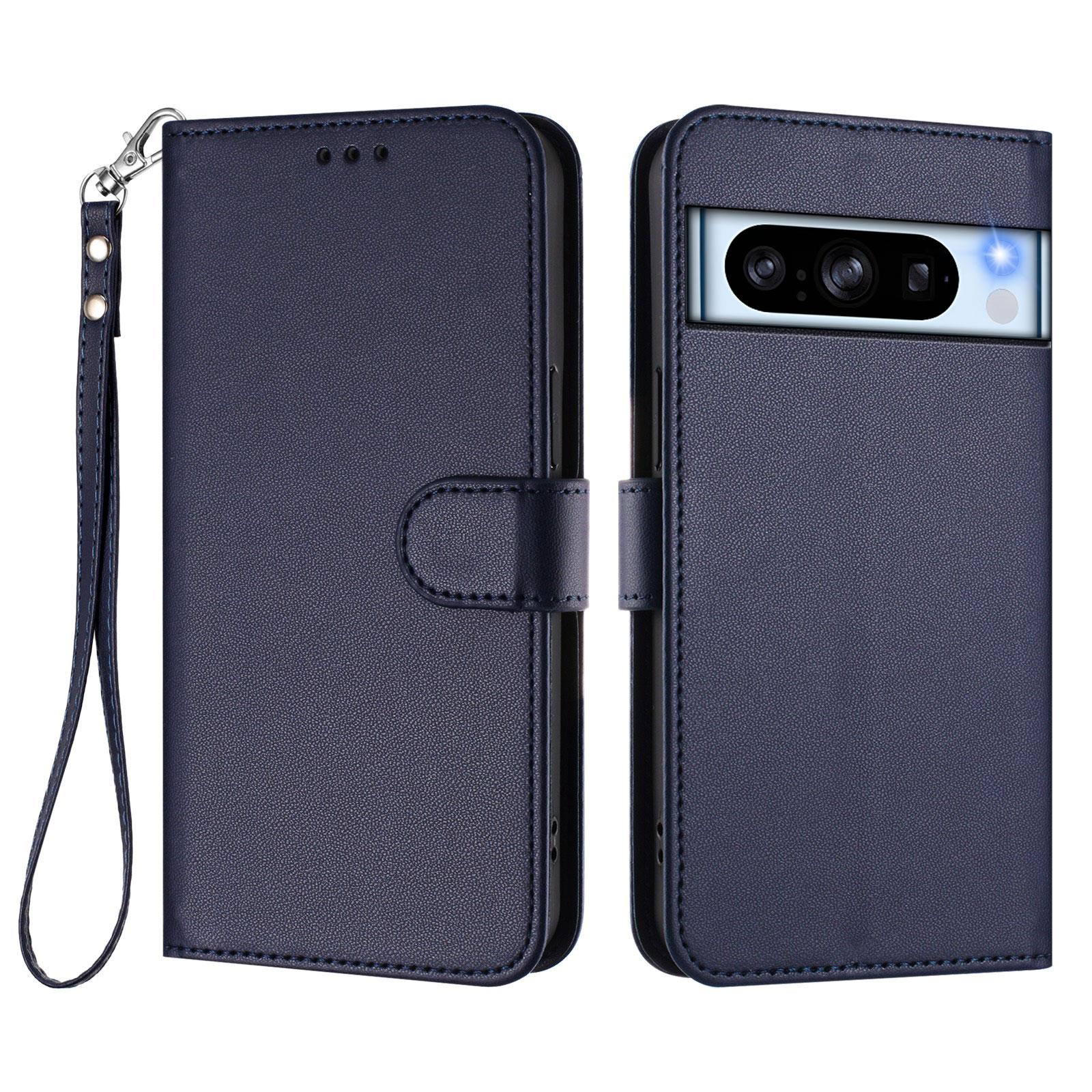 

For Google Pixel 8 Pro Leather Case Wallet Stand Phone Cover with Wrist Strap Blue
