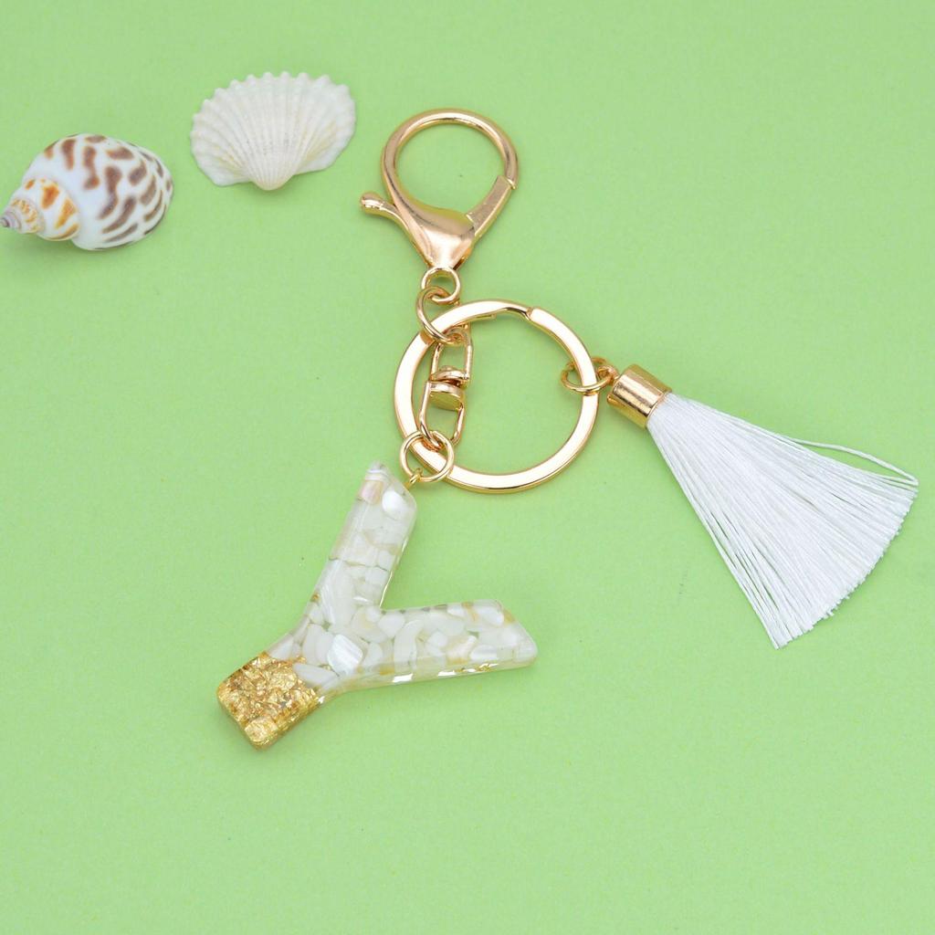 Trendy White Tassel Letter Keychain with Crystal Pendant