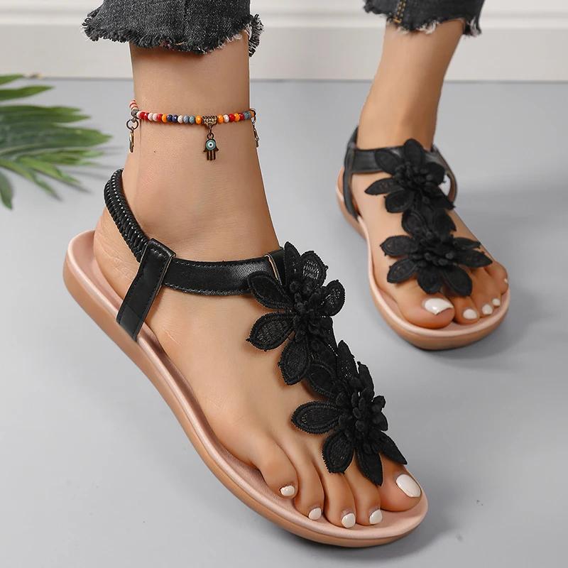 White Floral Sandals Women's Clip Toe Sandals Flat Women Summer Casual Shoes Bohemia Flowers Slip On Beach Ladies Shoes