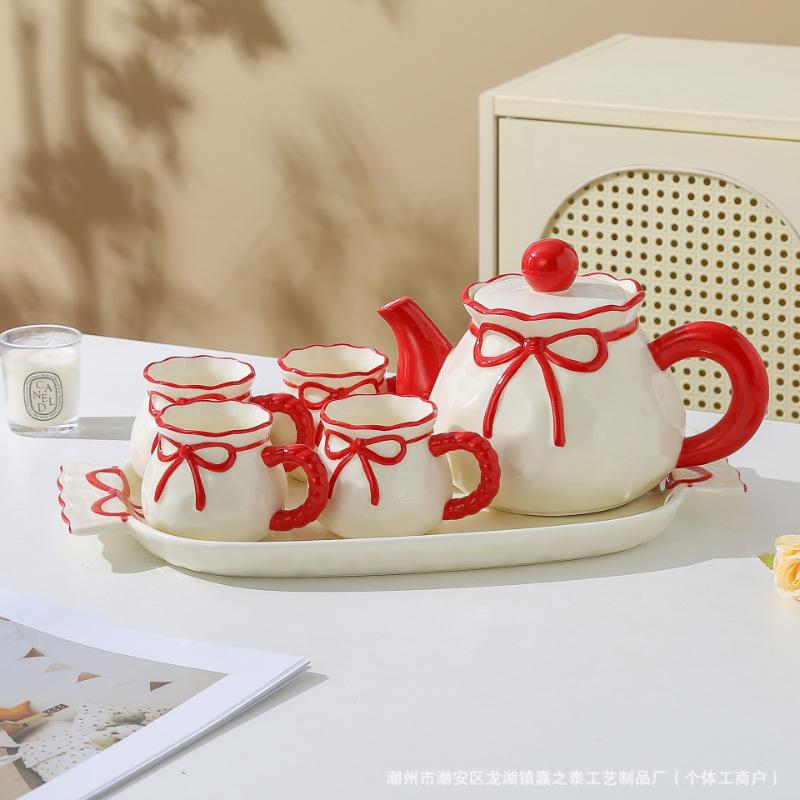 Bow Ceramic Water Cup Set Household Living Room Hospitality High Value Kettle Tea Cup Housewarming Wedding Gift