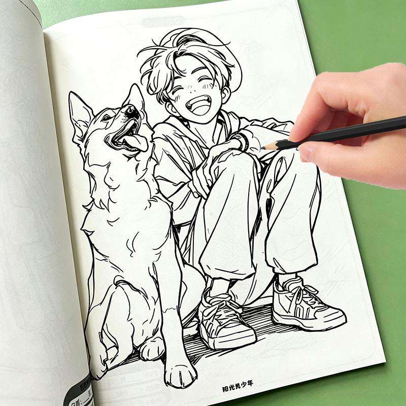 Zonnige Knappe Jongen Manga Tekenwerkboek, Schetsboek om Leerlingen te Helpen Makkelijk Anime Mannelijke Karakters Lijntekeningen & Kleuren te Meesteren