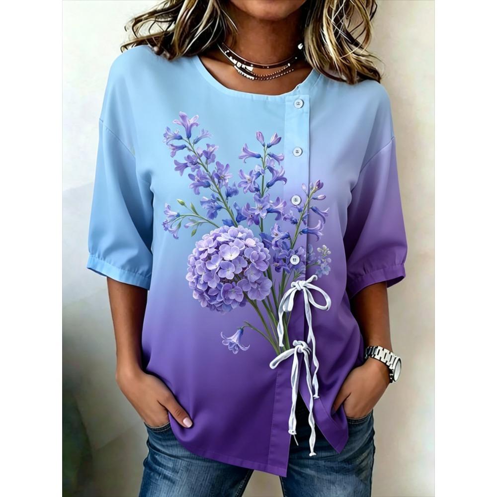 Women's Ombre Floral Print Drawstring Button Up Blouse, Casual Round Neck Tops for Spring Summer Daily Vacation Wear