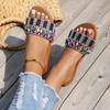 Fashion colored rhinestone flat-bottomed slippers women's 2025 summer new square-headed open-toed casual beach slippers women