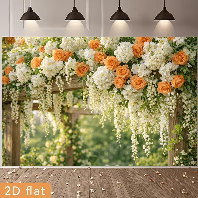 2D Printed Backdrop with Orange Roses, White Flowers and Wooden Arbor