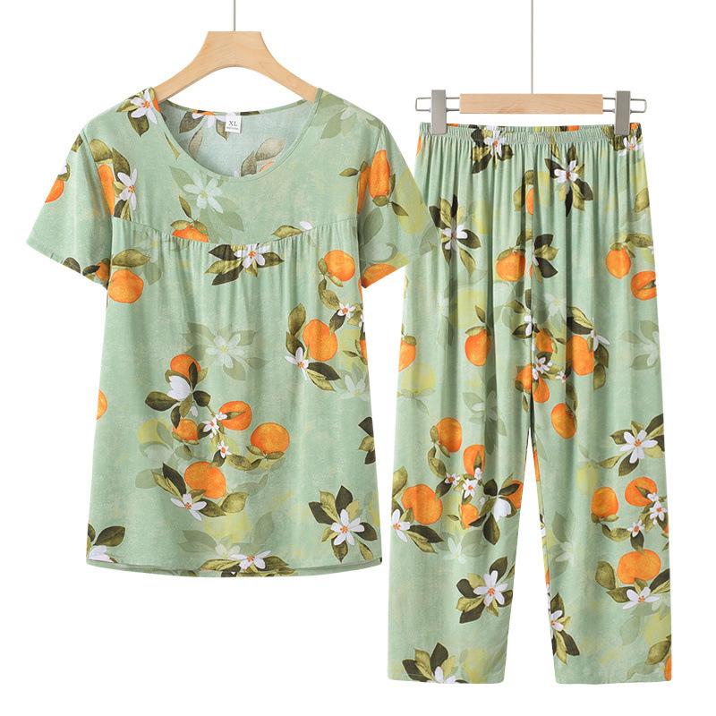 Women Loose Fit Suit Flower Printed Women's Top Pants Set with Retro Style Elastic Waist Breathable Fabric 2 for Grandmother's
