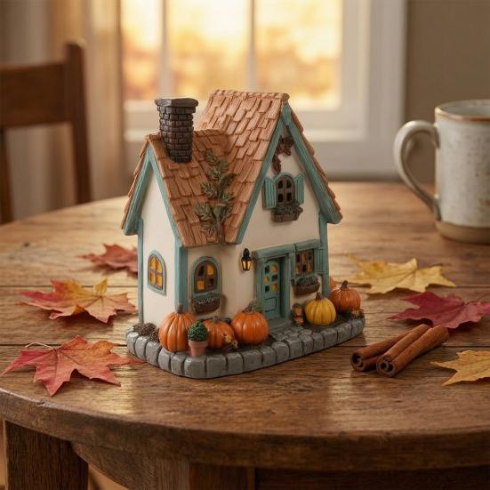 Kürbishaus Miniatur, Harz Herbsternte Dekoration mit handgeschnitzter Kacheltextur und Kürbisdetails, Retro Britisches Holzhaus für Halloween
