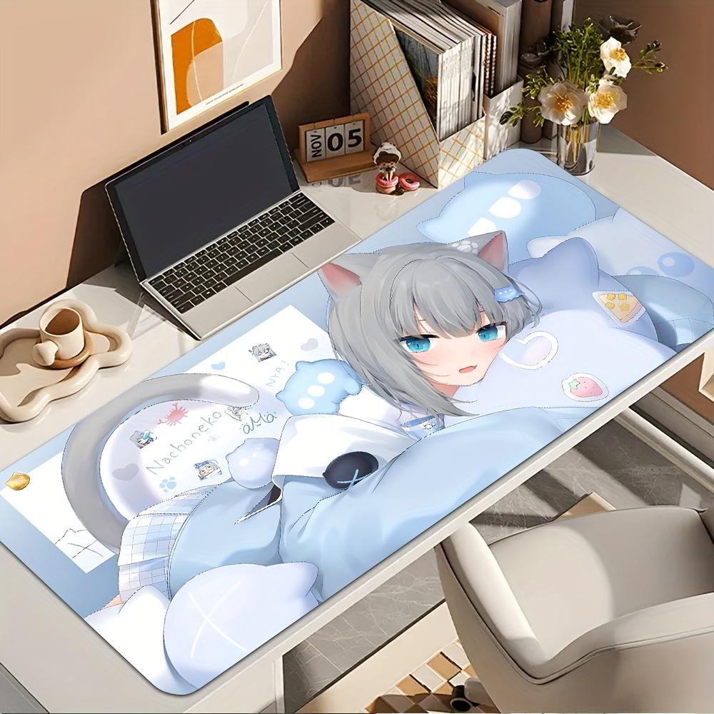 Gaming Mouse Pad Large Desk Mat Antislip Stitched Edges Light Blue Cat Girl Anime Print Keyboard Pad for Gamer Home Office