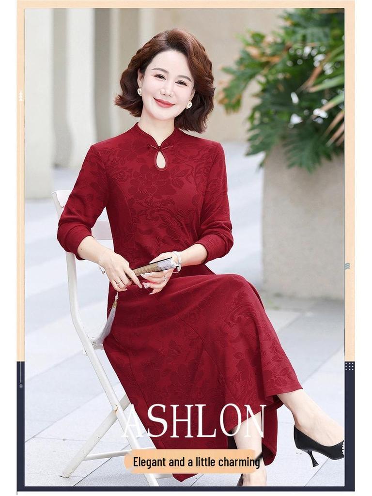 Elegant Jacquard Slimming Long Sleeve Cheongsam Midi Dress for Formal Occasions and Weddings