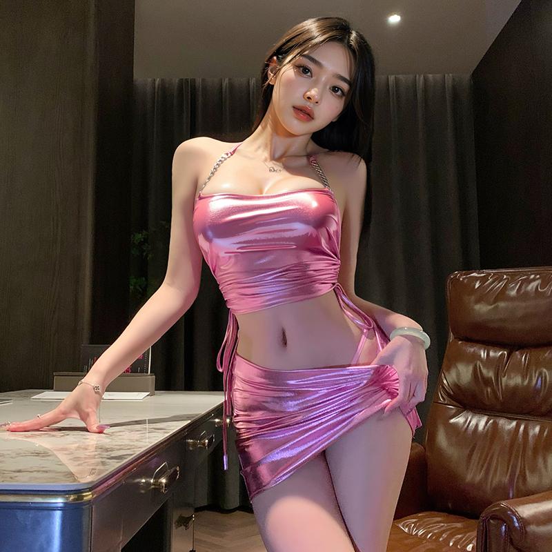Sexy Lingerie Nightclub Uniform Temptation Passionate Patent Leather Chain Halter Top Bag Buttocks Skirt Women Cosplay Costume