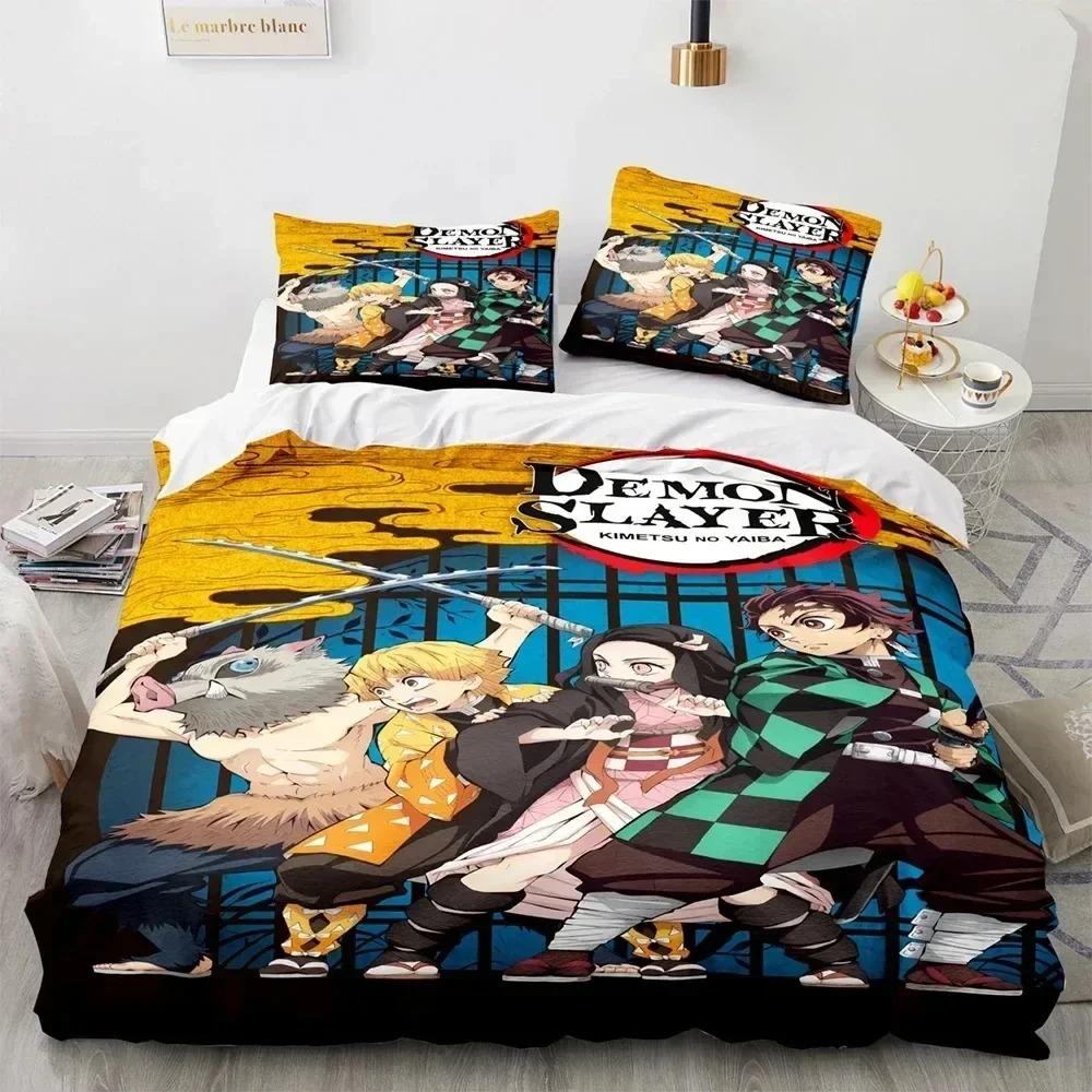 3D Heißer Verkauf Anime Demon Slayer Bettbezug und Kissenbezug Kinder Doppelbett Bettwäscheset Heim Schlafzimmer Dekoration Geschenk für Jungen Mädchen