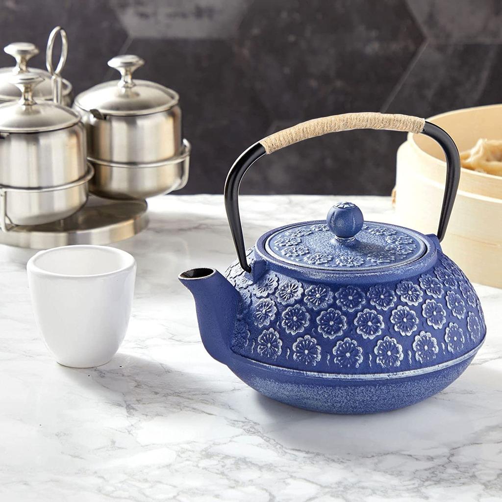 Stylish Iron Teapot, No Enamel, Induction Compatible, for Direct Heat, Blue Cherry Blossom Design, 1000ml