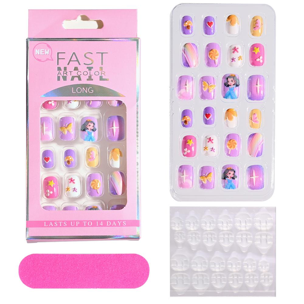 24pcs/box Candy Kids False Nail Cartoon Full Cover Press On Fake Nails Tips Kawaii Acrylic Artificial Fingernails for Girls