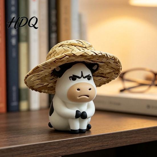 Resistant To High Temperature Decor Cute Straw Hat Cow Car Ornament Creative Desktop Figurine Healing Style Ornaments with Hat Cartoon Dashboard