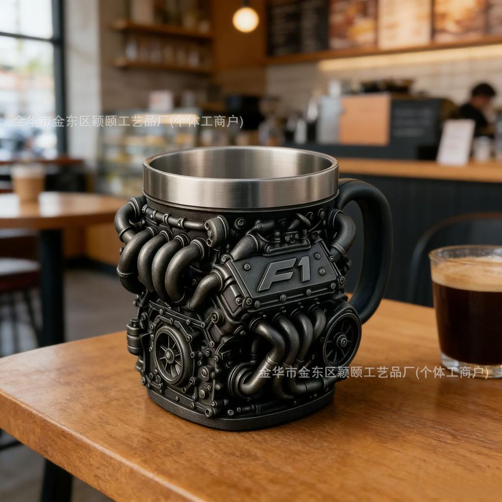 Creative Resin V6 Engine Stainless Steel Mug, 3D Engine Design, Double Wall Insulated Coffee Cup, Unique Gift for Men, 420ML
