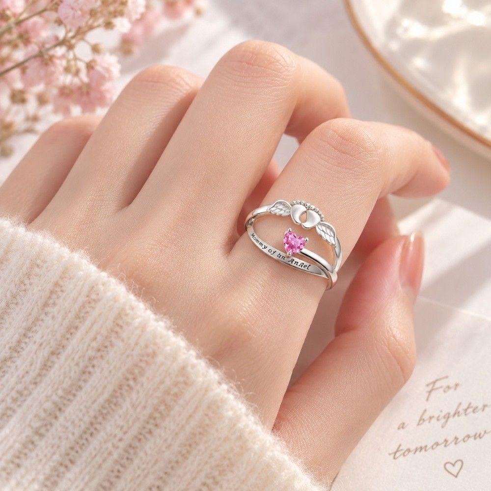 Rhinestone Embellished Angel Footprint Wing Ring Open Adjustable Ring  Birthday Anniversary Gift