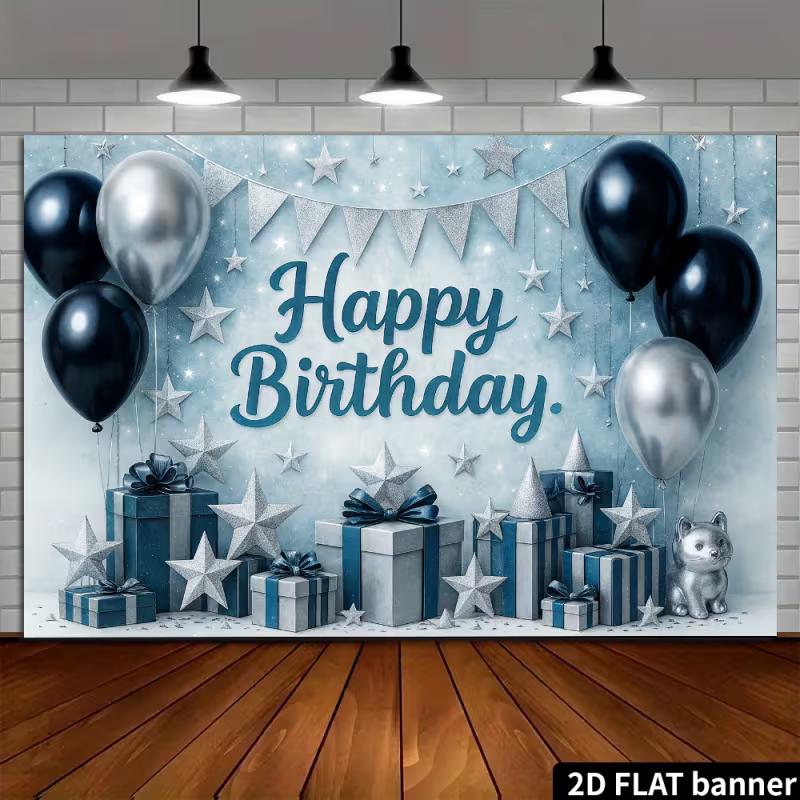 2D Modern Blue Silver Black Happy Birthday Party Background